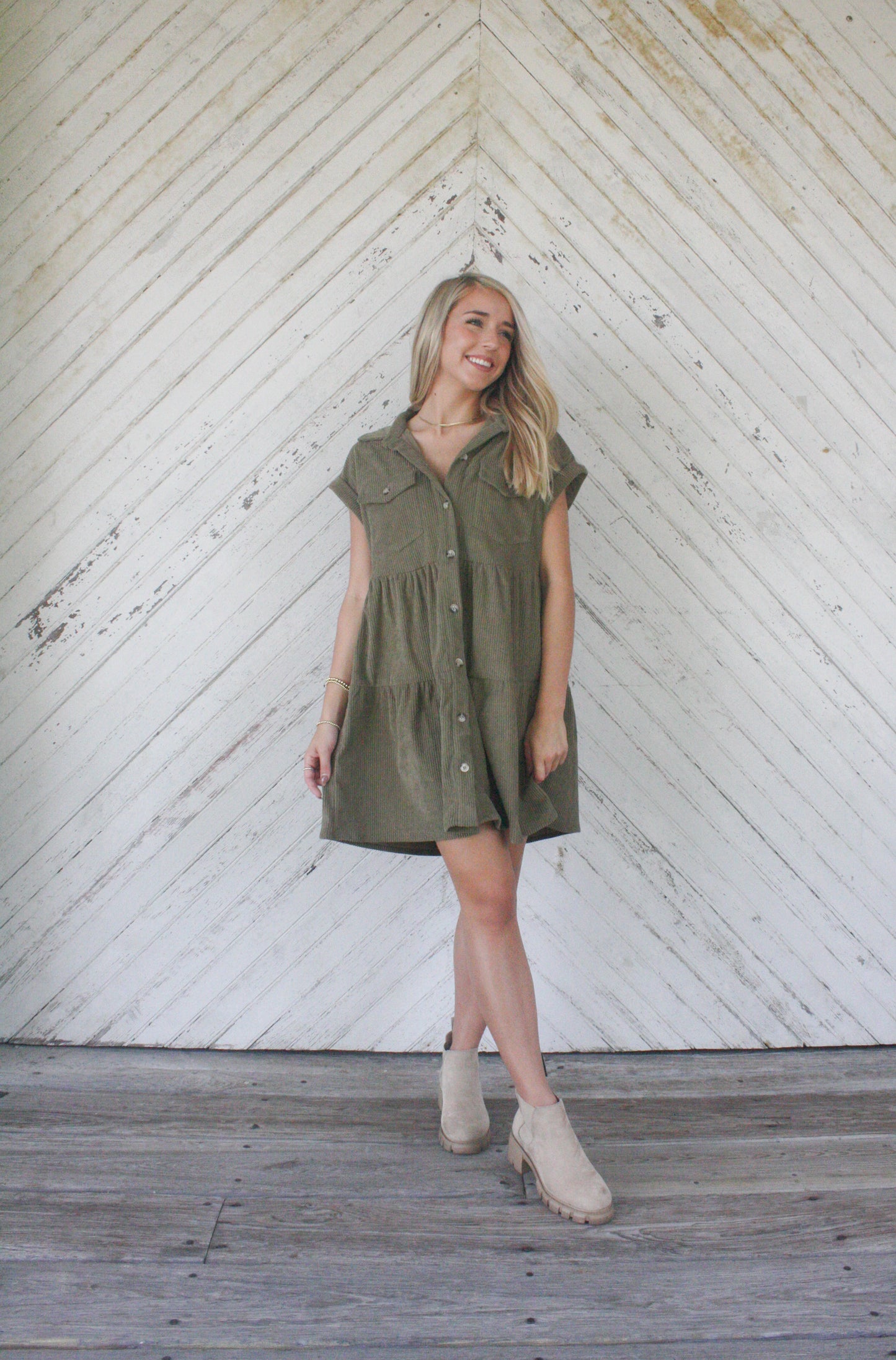 Olive Corduroy Sweetheart Dress