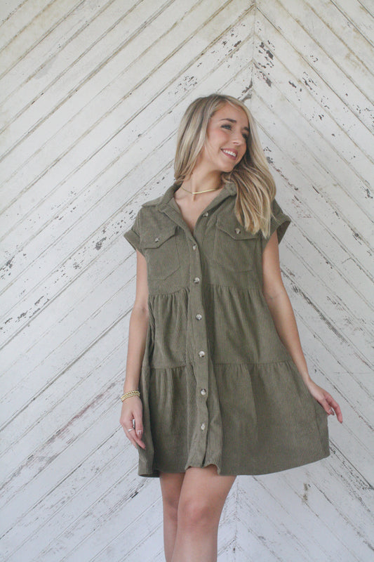 Olive Corduroy Sweetheart Dress